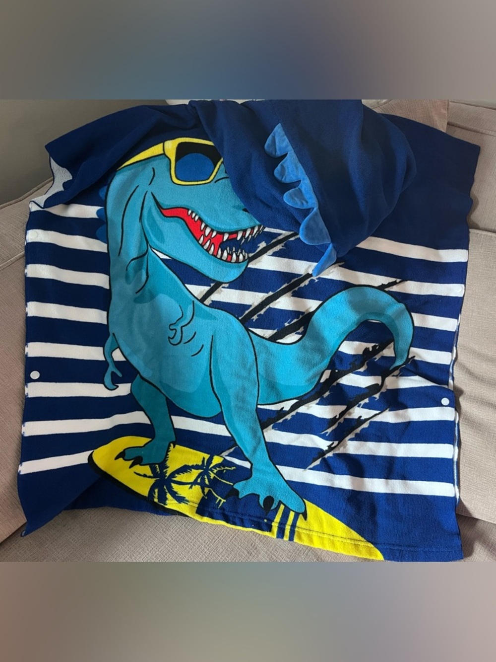 Blue Dino Shark Kids Hooded Towel with Sunglasses Graphic